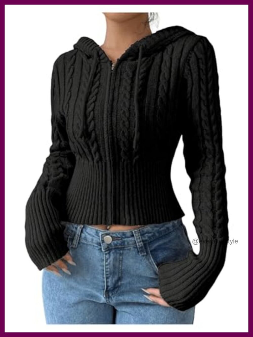 Cropped Cable Knit Cardigan with Drawstring Hood Long Sleeve Zip Up